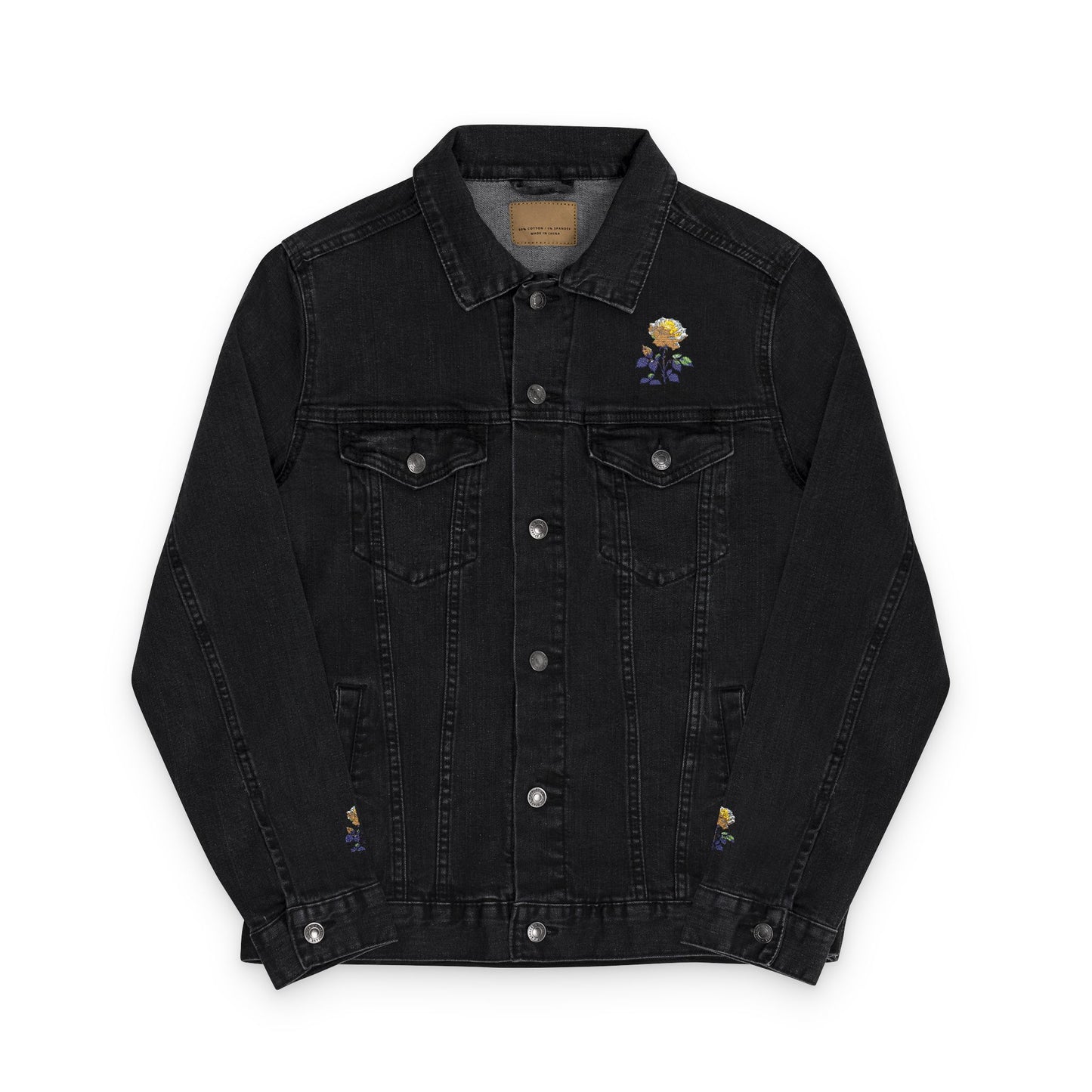 Embroidered Unisex Denim Jacket with Yellow Rose