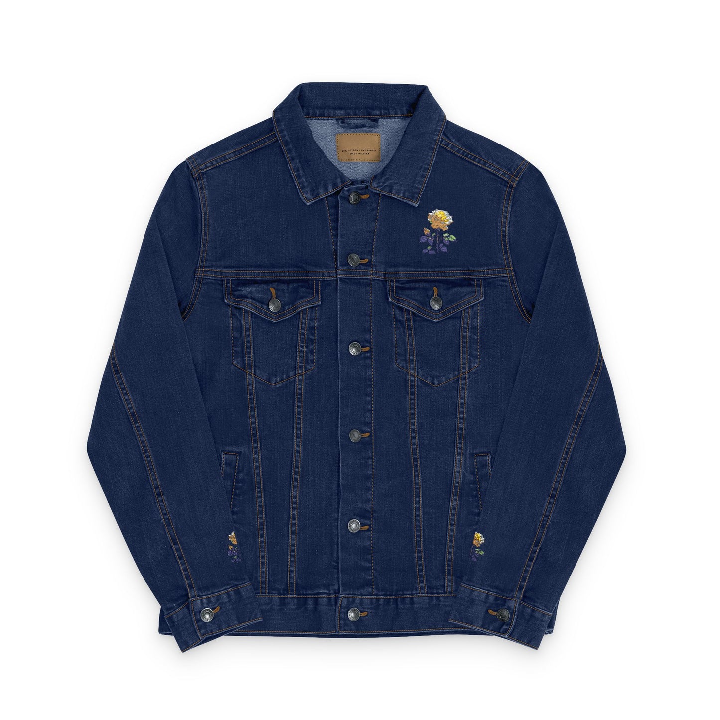 Embroidered Unisex Denim Jacket with Yellow Rose