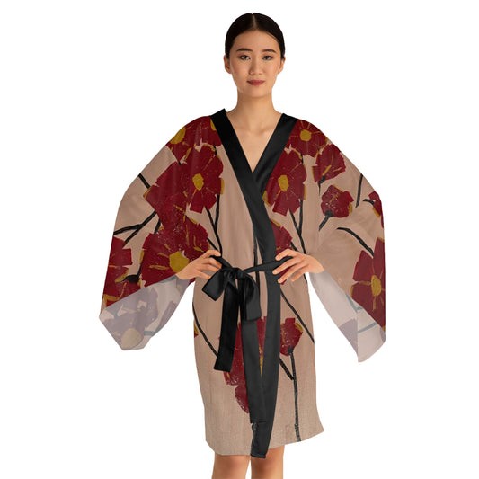 Kimono Robe-Red Origami Rose Design