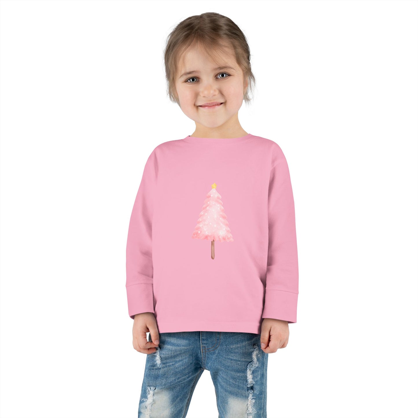 Cute Toddler Long Sleeve Tee ~ Pink Watercolor Christmas Tree