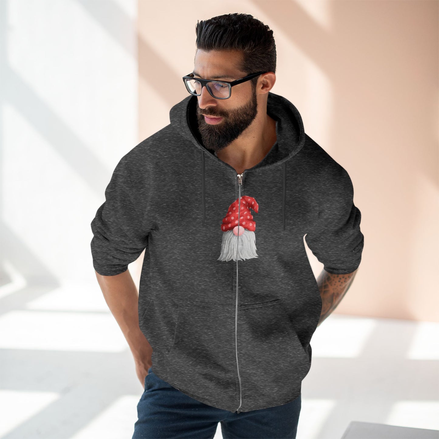 Zip Hoodie ~ Gnome with Red Polka Dot Hat