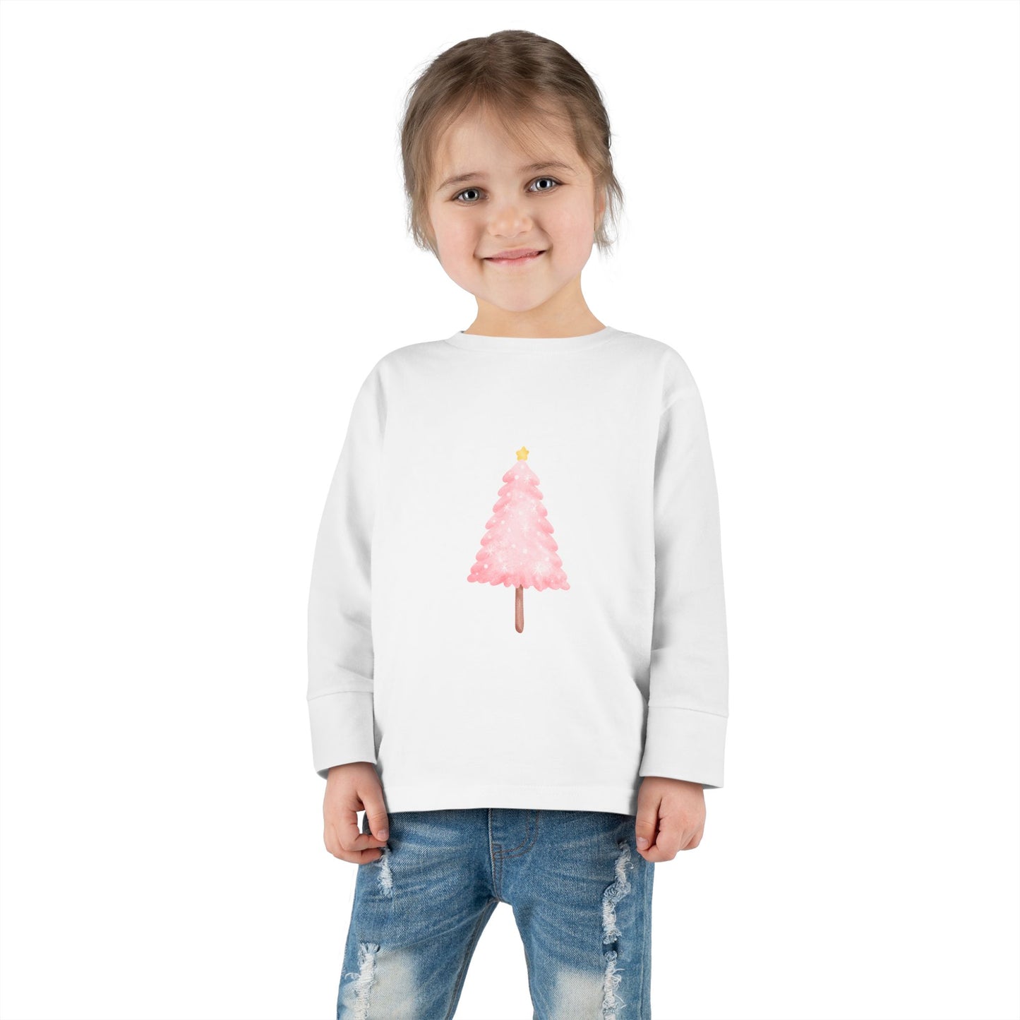 Cute Toddler Long Sleeve Tee ~ Pink Watercolor Christmas Tree